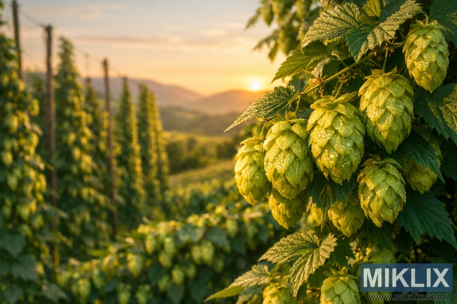Close-up of ripe green hop cones on a vine during golden hour with softly blurred rolling hills in the background