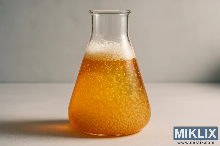 Flask Erlenmeyer na ruwa mai haifuwa na zinari-amber tare da kumfa da kumfa a kan ƙaramin dakin lab.