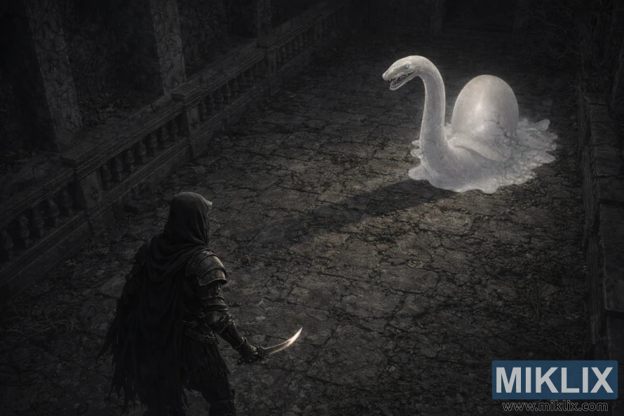 Fan art af en spiller i rustning klædt i Black Knife, der konfronterer Spiritcaller Snail i Road's End-katakomberne. Fan art af en spiller i rustning klædt i Black Knife, der konfronterer Spiritcaller Snail i Road's End-katakomberne.