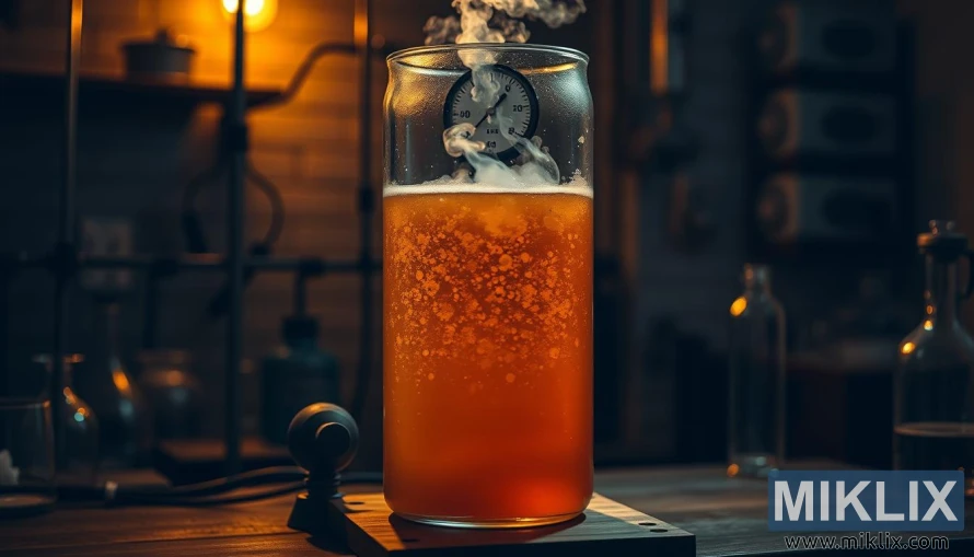 在昏暗的實驗室中，玻璃容器中琥珀色液體冒泡，顯示 BE-134 啤酒正在發酵。