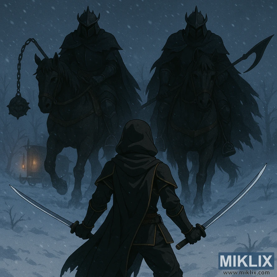 A hooded Black Knife warrior with twin katanas faces two mounted Night's Cavalry knights in a snowy blizzard. A hooded Black Knife warrior with twin katanas faces two mounted Night's Cavalry knights in a snowy blizzard.