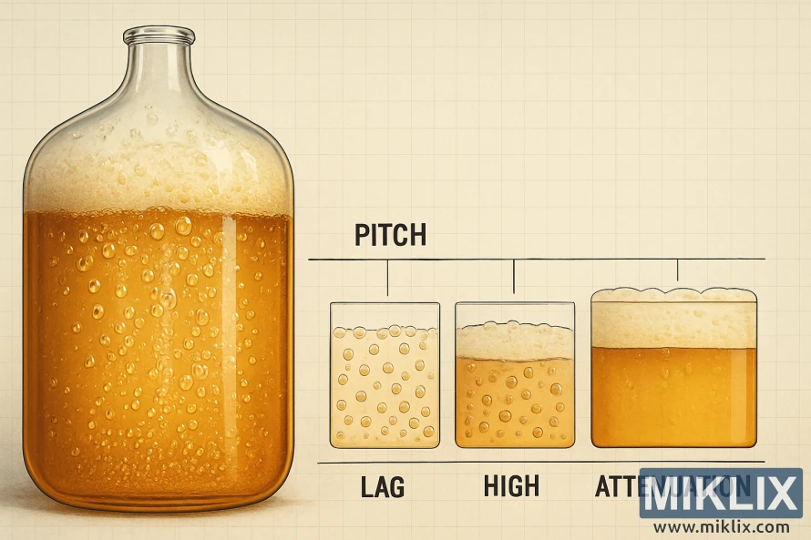 A bubbling glass fermentation vessel in the foreground with a labeled timeline of fermentation stages shown on a subtle grid background. A bubbling glass fermentation vessel in the foreground with a labeled timeline of fermentation stages shown on a subtle grid background.