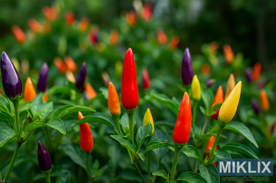 Olika färgglada chilipeppar som växer i en frodig trädgård Olika färgglada chilipeppar som växer i en frodig trädgård