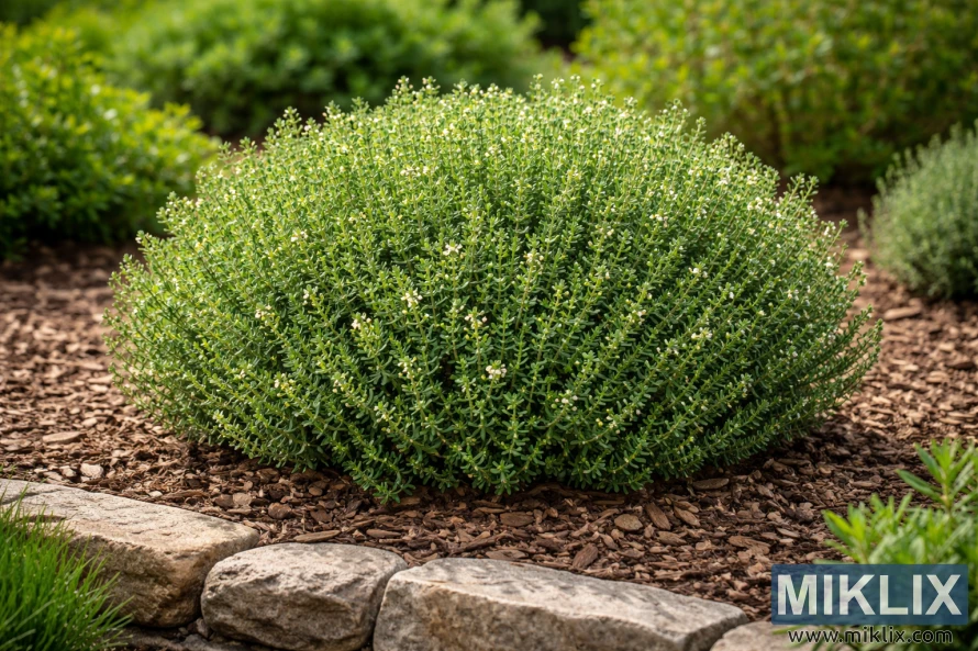Well-maintained thyme plant pruned into a rounded shape, growing in a mulched garden bed with natural stone edging.