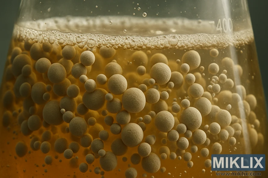 Nærbilde av gjærceller som gjærer i gullurt under myk laboratoriebelysning. Nærbilde av gjærceller som gjærer i gullurt under myk laboratoriebelysning.