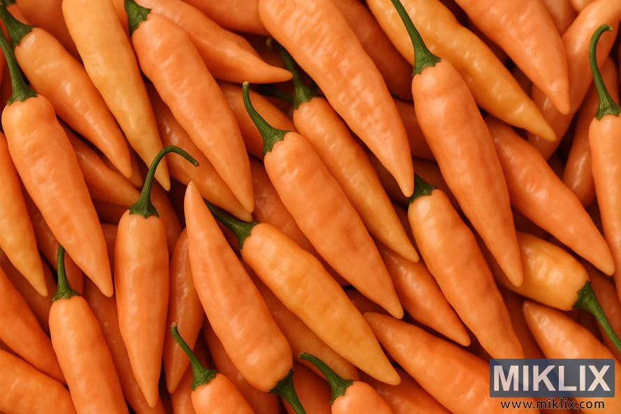 Närbild av persikofärgade Sugar Rush-peppar med avlånga former Närbild av persikofärgade Sugar Rush-peppar med avlånga former