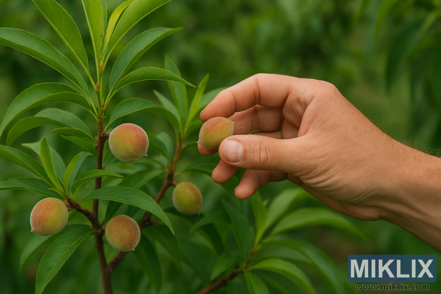 Gardener's hand thinning young nectarines on a tree branch