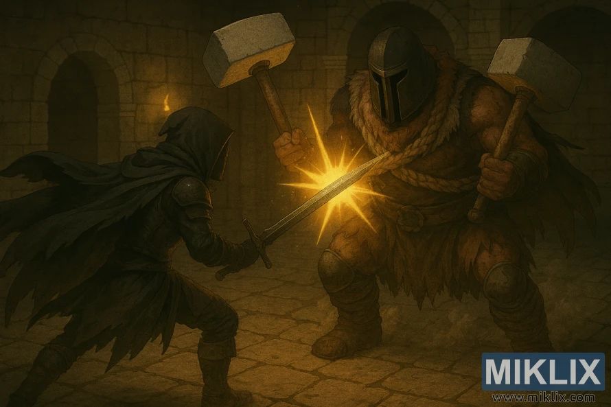 Semi-realistic battle scene of Tarnished fighting Grave Warden Duelist with dual hammers in Elden Ring