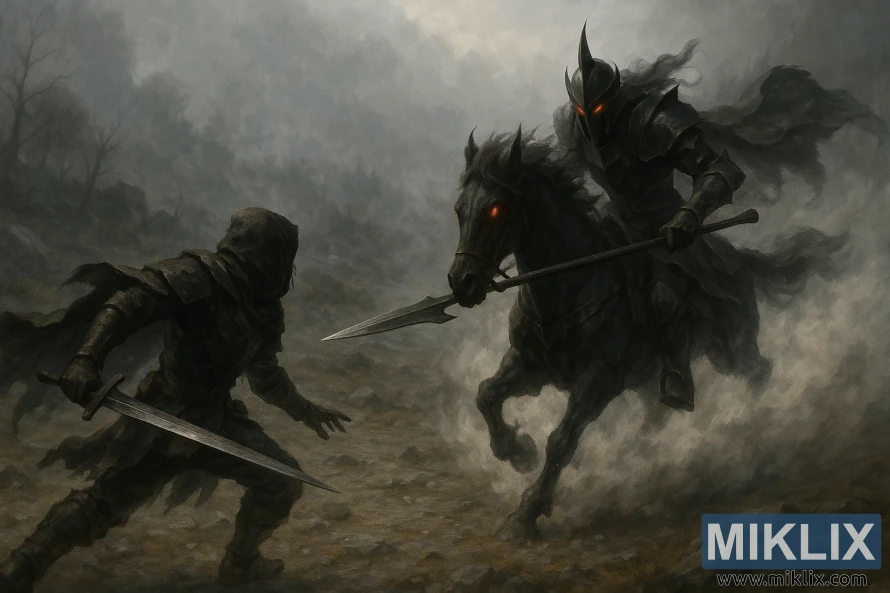 Adegan fantasi gelap realistik mengelak Tercemar ketika Pasukan Berkuda Malam menunggang kuda melalui kabus tebal.