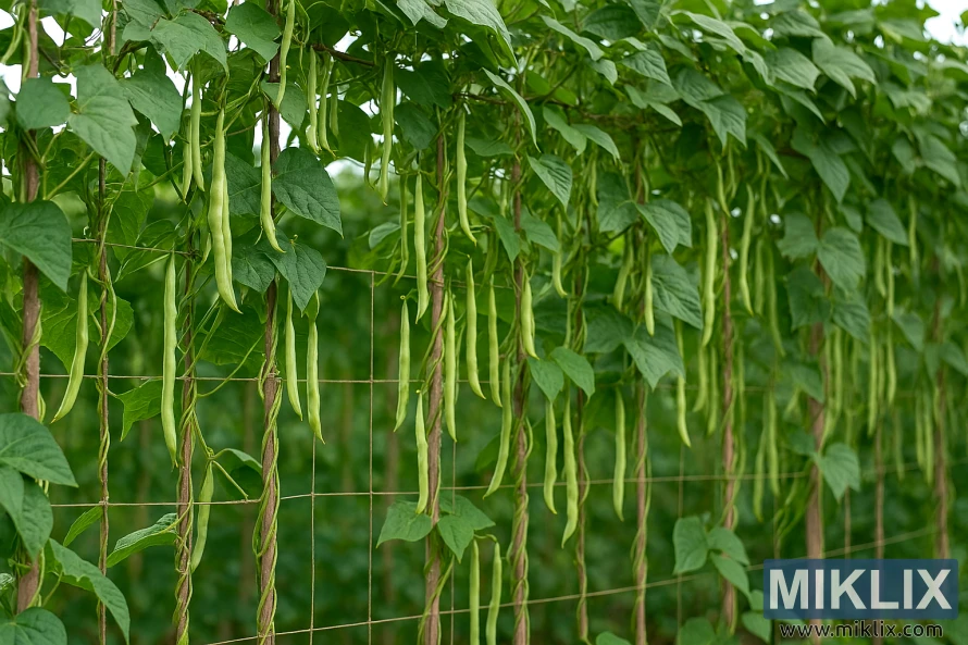 Pole bean plants climbing a trellis with many green bean pods hanging from vines Pole bean plants climbing a trellis with many green bean pods hanging from vines