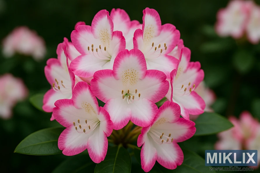 Close-up of Cherry Cheesecake rhododendron with white petals edged in vivid pink. Close-up of Cherry Cheesecake rhododendron with white petals edged in vivid pink.