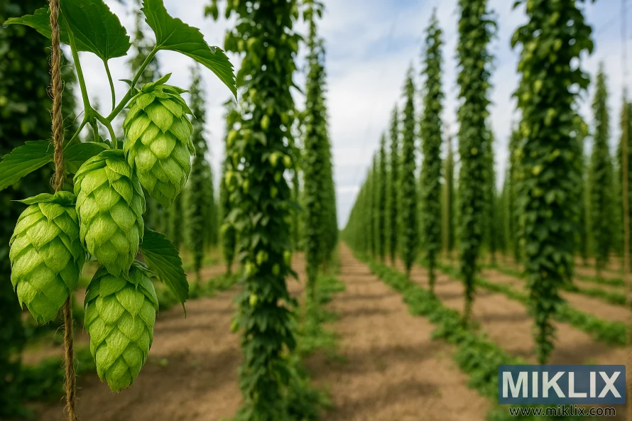 Krupni plan češera hmelja Amarillo na trsu s rešetkastim redovima hmelja u pozadini