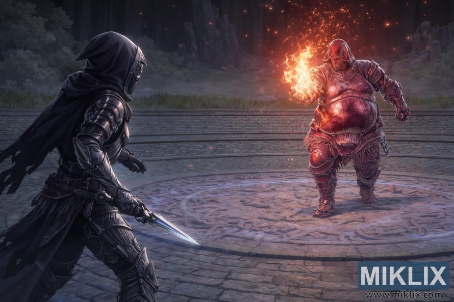 Fan art ao estilo anime mostrando o Maculado com armadura de Faca Negra a enfrentar Adan, Ladrão de Fogo, dentro do Evergaol do Malefactor, pouco antes do início do combate.