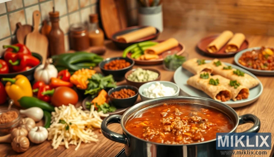 Kuhanje lonac čilija sa svežom paprikom, lukom, belim lukom i prelivima na rustikalnom kuhinjskom pultu. Kuhanje lonac čilija sa svežom paprikom, lukom, belim lukom i prelivima na rustikalnom kuhinjskom pultu.