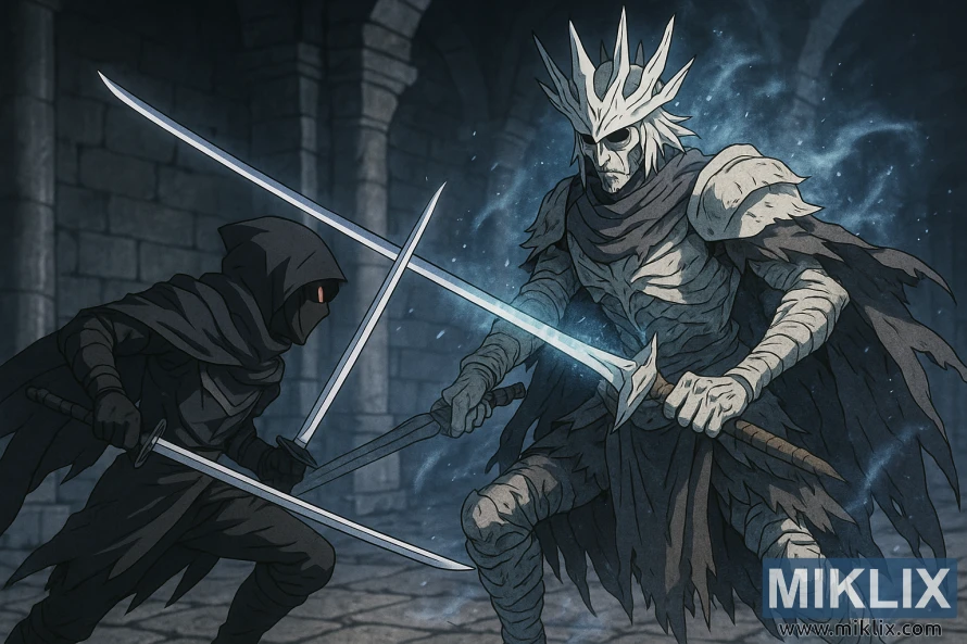 Şaxta ilə dolu daş məzarda əkiz katanalarla Qədim Zamor Qəhrəmanı ilə döyüşən Qara Bıçaqlı qatilin anime üslubunda səhnəsi. Şaxta ilə dolu daş məzarda əkiz katanalarla Qədim Zamor Qəhrəmanı ilə döyüşən Qara Bıçaqlı qatilin anime üslubunda səhnəsi.