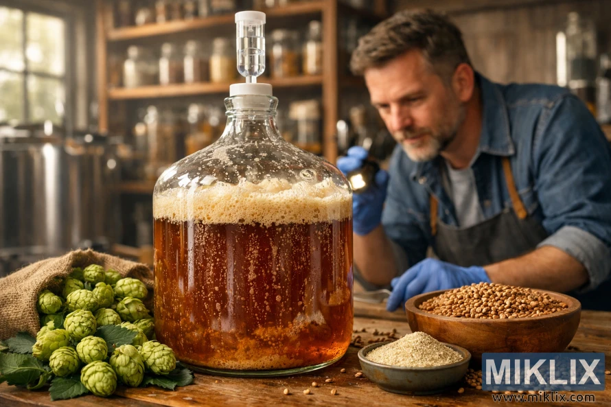 Glass carboy with actively fermenting beer surrounded by hops and malt, watched by a focused brewer in a warm, rustic brewery setting.