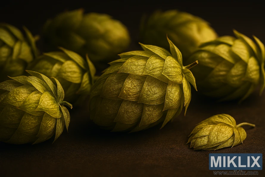 Lähikuva kullanvihreistä Comet-humalan käpyistä tummalla pinnalla pehmeässä, lämpimässä valossa