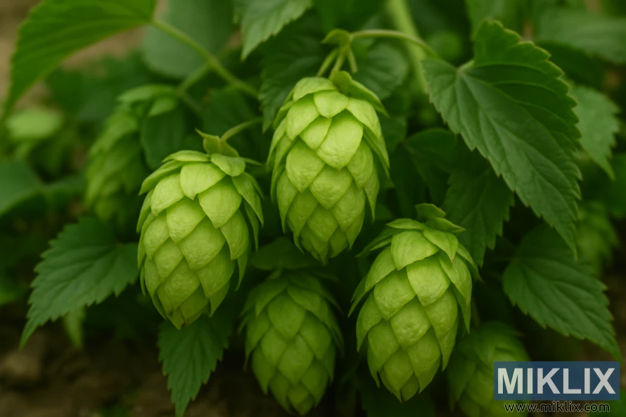 Nærbilde av fersk East Kent Golding-humle med grønne kjegler og papiraktig tekstur.
