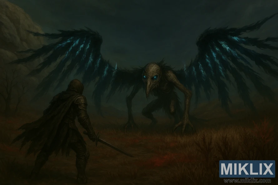 Semi-realistic fan art of the Tarnished in Black Knife armor facing the Death Rite Bird boss in Caelid from Elden Ring: Shadow of the Erdtree.