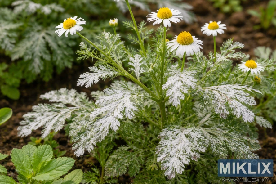 Chamomile plant with white powdery mildew covering its leaves and healthy white flowers with yellow centers