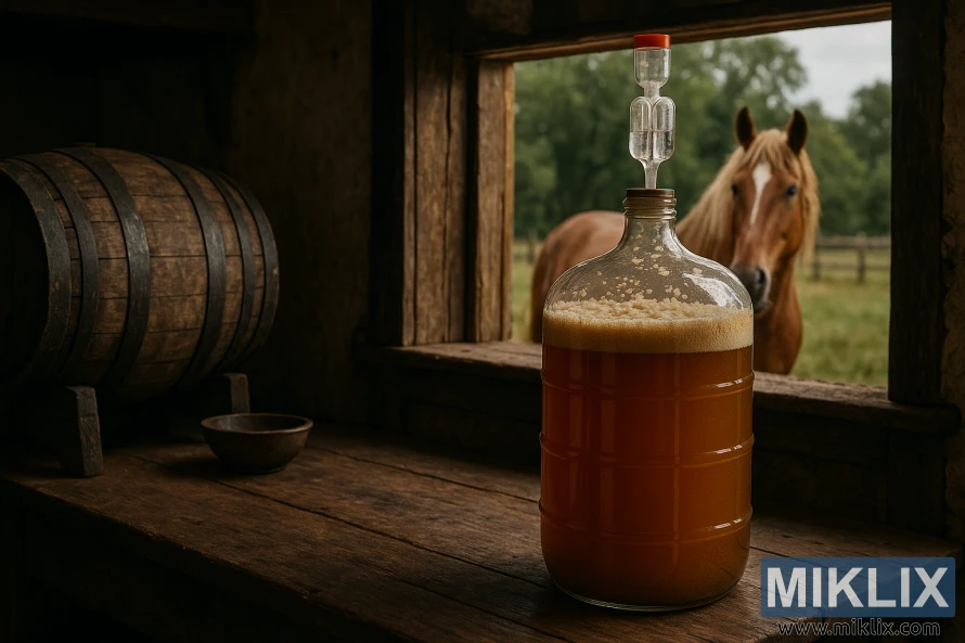 O damigeană de sticlă cu bere în fermentație pe o masă de lemn într-o veche casă la țară, cu un cal de muncă din lemn de castan vizibil prin fereastră.