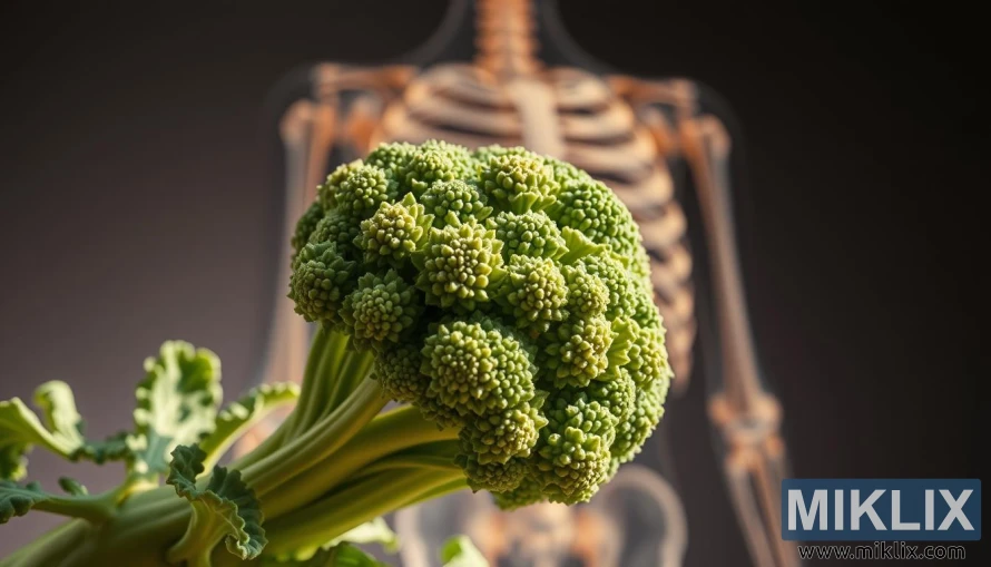 Close-up van verse broccoli met daarop menselijke botten, die de gezondheid van de botten symboliseren. Close-up van verse broccoli met daarop menselijke botten, die de gezondheid van de botten symboliseren.