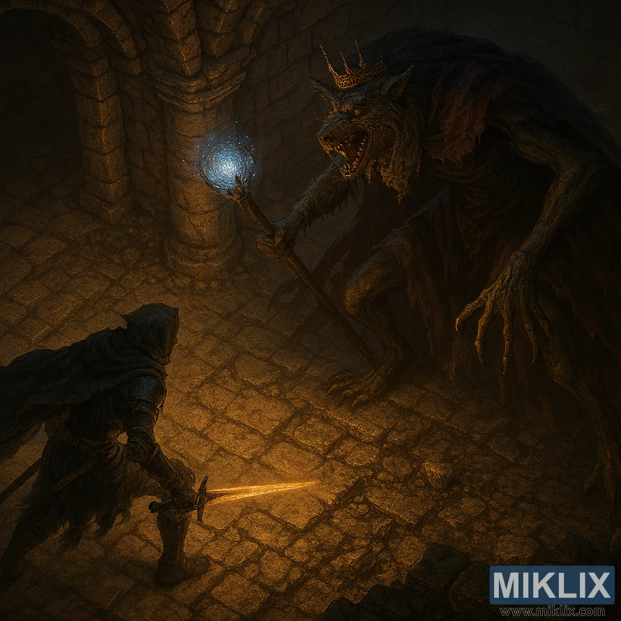 Anime-style fan art showing the Tarnished in Black Knife armor battling Demi-Human Queen Gilika from an elevated isometric view.