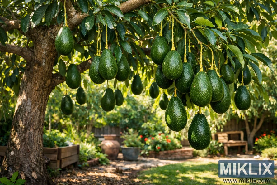Mature avocado tree with ripe green avocados hanging from branches in a peaceful home garden