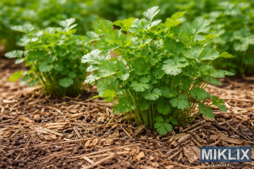 Close-up of healthy cilantro plants with bright green leaves growing in a garden bed covered with organic mulch.