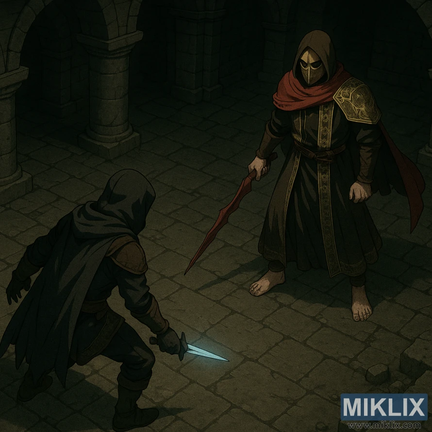 Isometric anime-style scene of the Tarnished seen from behind facing a masked Sanguine Noble wielding the Bloody Helice in a dark stone dungeon.
