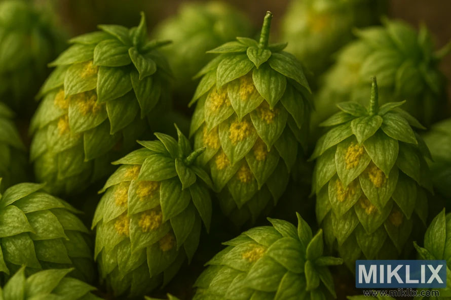 Detailed close-up of Cobb hop cones showing green bracts and golden lupulin glands under warm lighting. Detailed close-up of Cobb hop cones showing green bracts and golden lupulin glands under warm lighting.