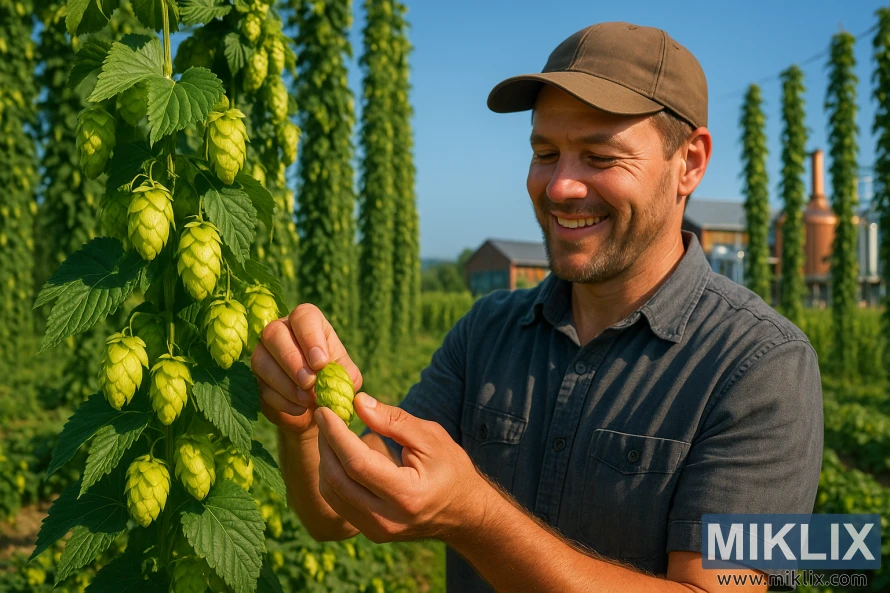 Ang magsasaka na nag-aani ng Huell Melon ay lumukso sa maaraw na bukid na may serbeserya sa background. Ang magsasaka na nag-aani ng Huell Melon ay lumukso sa maaraw na bukid na may serbeserya sa background.