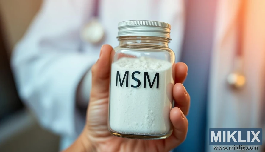 ঝাপসা পটভূমি এবং উষ্ণ প্রাকৃতিক আলো সহ হাতে ধরা MSM পাউডারের কাচের বয়াম।