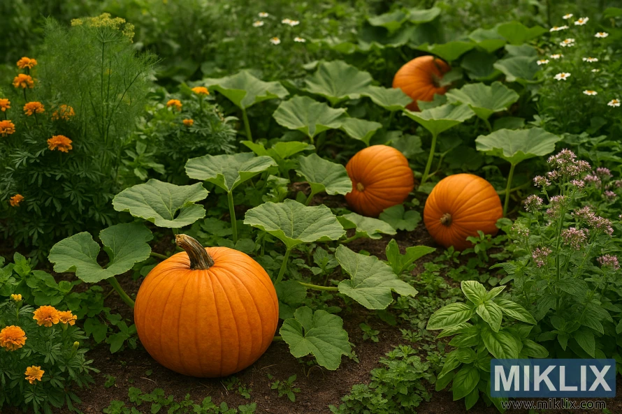 Landscape photo of pumpkins growing among marigolds, herbs, and leafy greens in a garden.