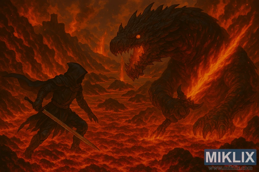 Anime-style fan art showing the Tarnished in Black Knife armor fighting the Magma Wyrm wielding a flaming sword in a lava-filled volcanic landscape from an elevated isometric perspective. Anime-style fan art showing the Tarnished in Black Knife armor fighting the Magma Wyrm wielding a flaming sword in a lava-filled volcanic landscape from an elevated isometric perspective.