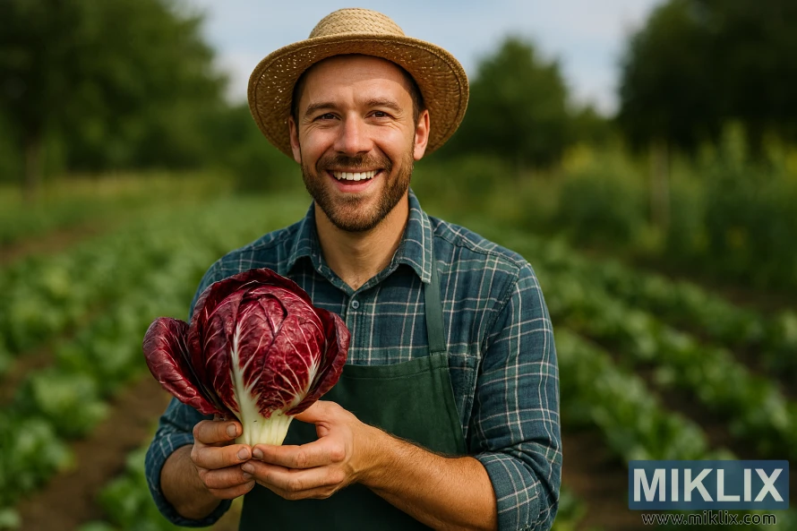 Smiling gardener holding a freshly harvested radicchio in a lush vegetable garden