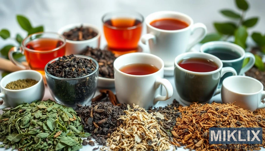 Úrval af lausum teblöðum og tebollum í mjúkri lýsingu, sem sýna fram á fjölbreyttar tetegundir og liti.