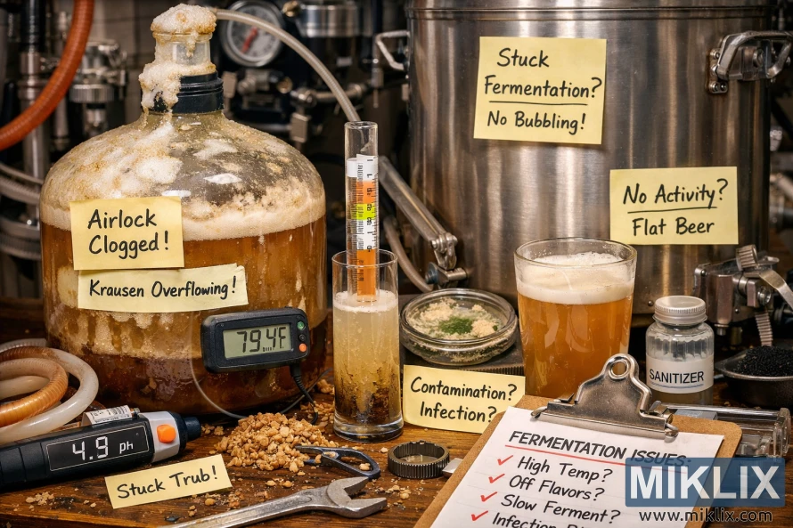 Close-up of a beer fermentation setup showing a foaming carboy, clogged airlock, hydrometer, thermometer, and notes highlighting common fermentation problems.
