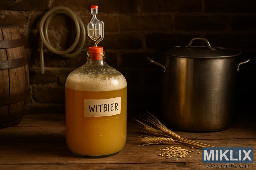 Rustikk hjemmebryggingsscene med en dunk med gjærende witbier på et trebord. Rustikk hjemmebryggingsscene med en dunk med gjærende witbier på et trebord.