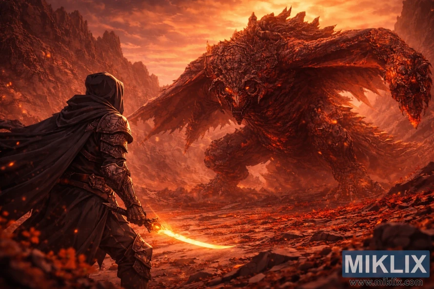 Anime-style fan art showing the Tarnished from behind on the left, facing the colossal Bayle the Dread on a fiery volcanic battlefield just before combat.