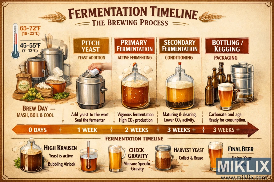 Iliustruota fermentacijos laiko juosta, rodanti alaus gamybos etapus nuo gamybos dienos iki pirminės ir antrinės fermentacijos ir išpilstymo į butelius arba statines, su temperatūros ir laiko žymekliais.