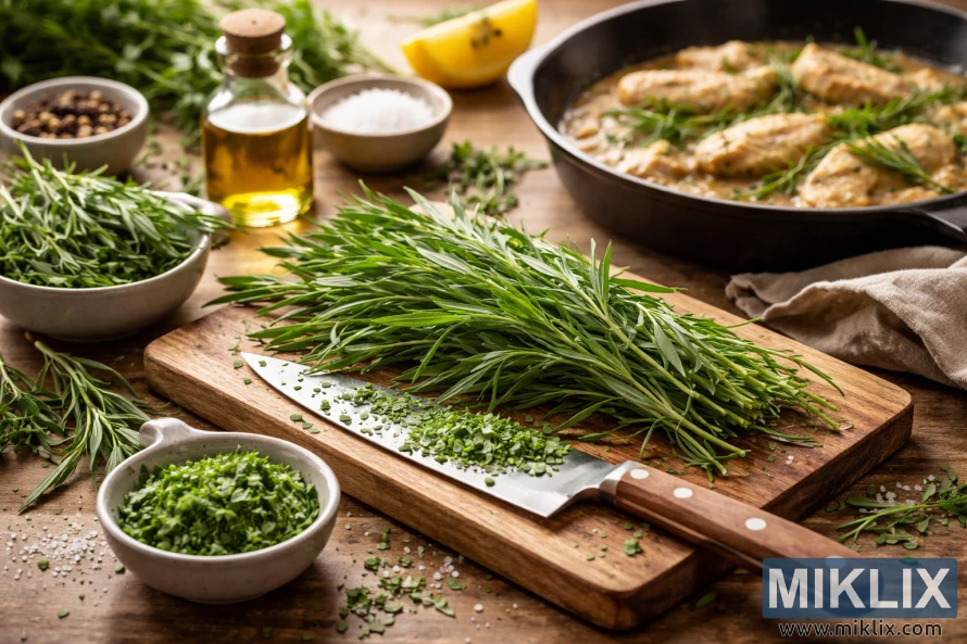 Fresh tarragon on a wooden cutting board with chopped herbs, olive oil, and a skillet of chicken garnished with tarragon in a warm kitchen setting.
