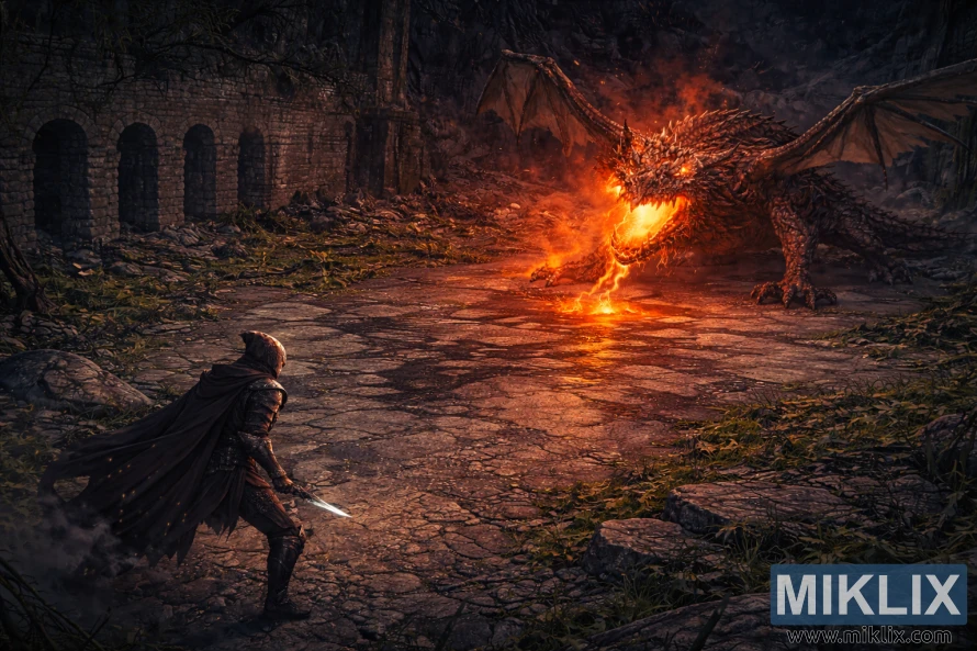 Mchoro wa mtindo wa kiisometriki wa silaha ya kisu cheusi iliyotiwa rangi nyeusi upande wa chini kushoto ukimkabili Magma Wyrm Makar mkubwa katika pango lililoharibiwa.