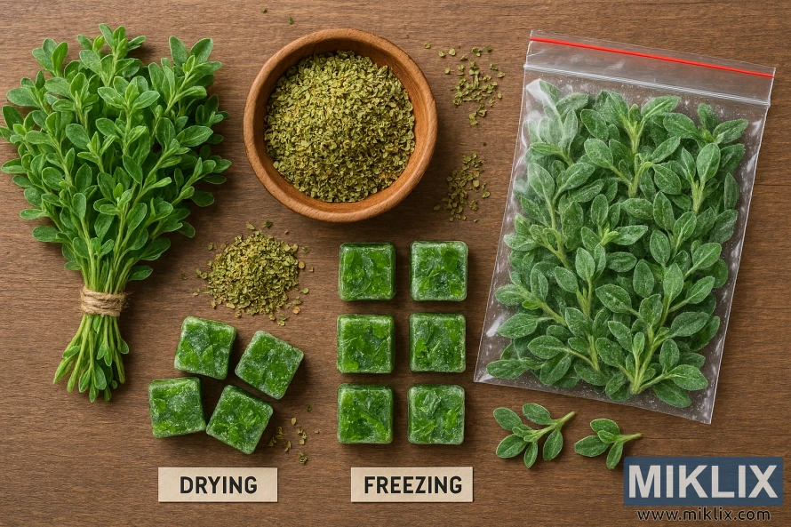 High-resolution photo showing fresh, dried, and frozen marjoram on a rustic wooden surface, labeled drying and freezing.