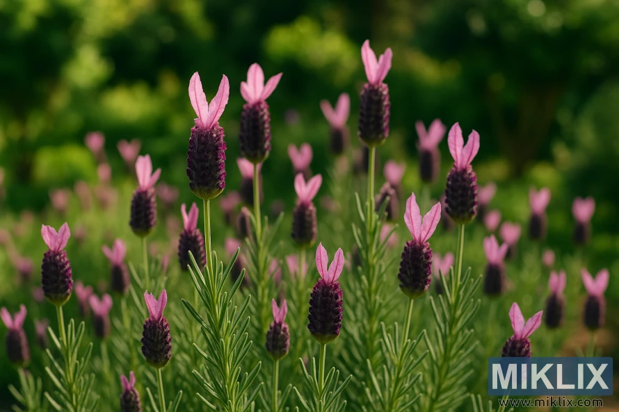 Nærbillede af spansk lavendel med dyb lilla blomsteraks og karakteristiske kaninøre-lignende lyserøde højblade i en solrig have. Nærbillede af spansk lavendel med dyb lilla blomsteraks og karakteristiske kaninøre-lignende lyserøde højblade i en solrig have.