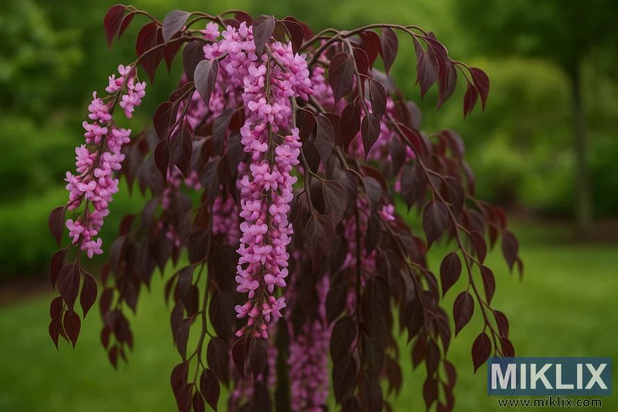 Дерево сорта «Руби Фоллс Редбад» с каскадом ветвей, листьями темно-фиолетового оттенка и гроздьями розово-лавандовых цветов на мягком зеленом фоне сада. Дерево сорта «Руби Фоллс Редбад» с каскадом ветвей, листьями темно-фиолетового оттенка и гроздьями розово-лавандовых цветов на мягком зеленом фоне сада.