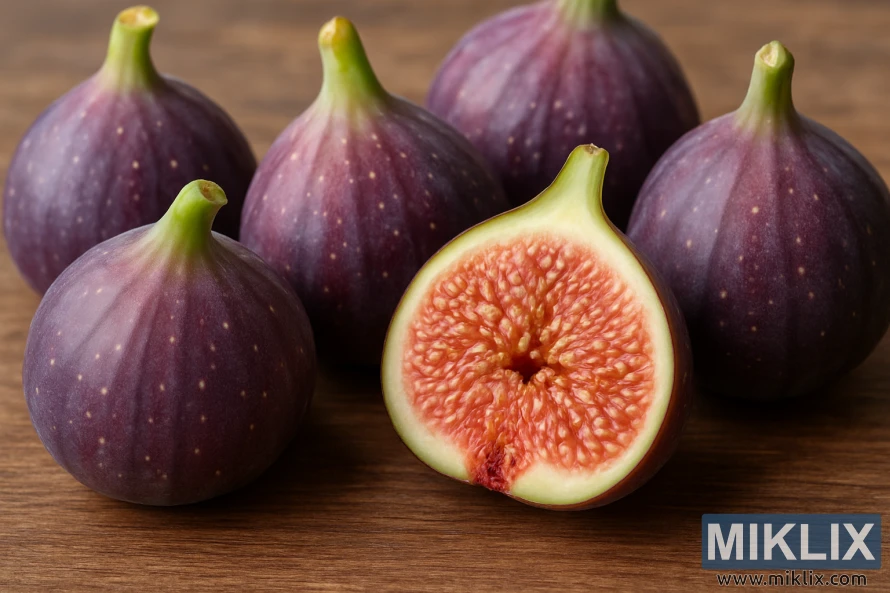 Close-up of ripe Celeste figs with one cut open on a rustic wooden table, showing the vibrant pink-red flesh inside. Close-up of ripe Celeste figs with one cut open on a rustic wooden table, showing the vibrant pink-red flesh inside.