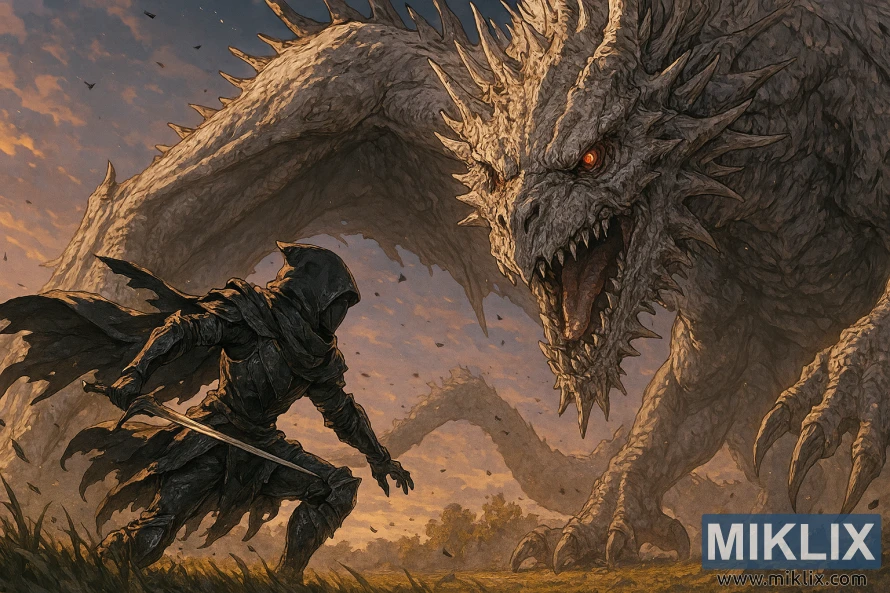 Anime-style fan art of the Tarnished in Black Knife armor battling Elder Dragon Greyoll in Dragonbarrow