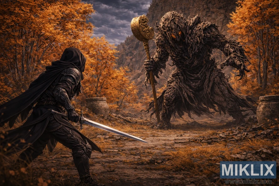 Anime-stiilis Elden Ringi fännikunst, kus vasakul on Tarnished mõõgaga vastamisi palju suurema Erdtree avatariga Liurnias sügisestes varemetes.