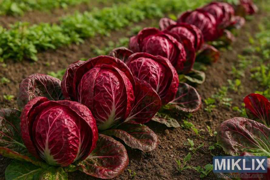 Vibrant red radicchio heads growing in a neat garden row